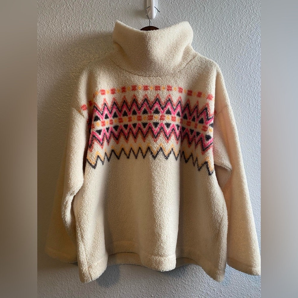 LOFT Women’s Sherpa Cozy Cowl Neck Aztec Design Sweater Size XL